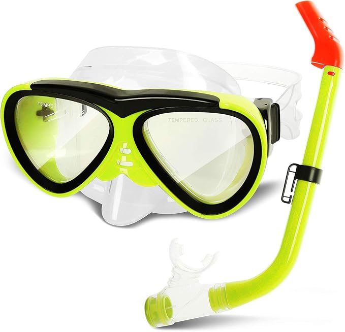 GreenLF Kids Snorkel Set, Anti-Fog Snorkeling Mask with Nose Covers for Youth Junior Child, Boys & Girls Age 5-12, Semi-Dry Diving Scuba Swimming Goggles Gear Packages