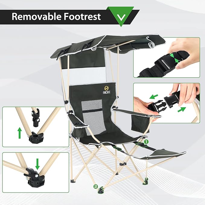 Nice C Chair with Canopy, Umbrella Chairs, Chair with Shades, Sports Chairs, w/Removable Footrest, Cooler Bag, Cup Holder for Camping, Fishing, Sports, Beach (1-P Green)