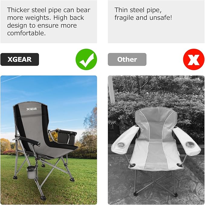 XGEAR Camping Chair with Padded Hard Armrest, Sturdy Folding Camp Chair with Cup Holder, Storage Pockets Carry Bag Included, Support to 400 lbs