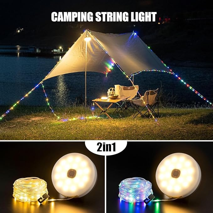 Camping String Lights with Remote Control, 4 in 1 Outdoor Camping Lantern (32.8Ft) with Quick 30s Recovery, Waterproof, Type-C Fast Charging, Portable Camping Lights for Camping/Yard/Hiking