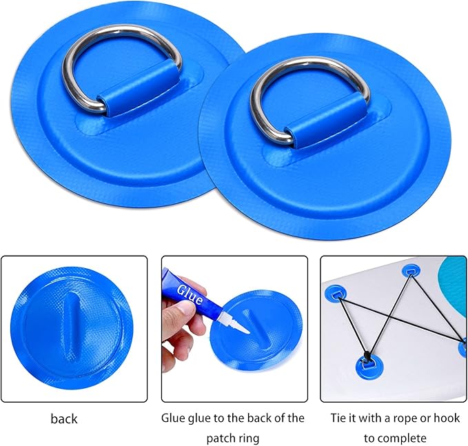 TOBWOLF 6 Pack Stainless Steel D-Ring Patch for Inflatable Boat Kayak Dinghy SUP, D-Ring PVC Patch Stand-Up Paddleboard Canoe Rafting Accessories, NO Glue Included