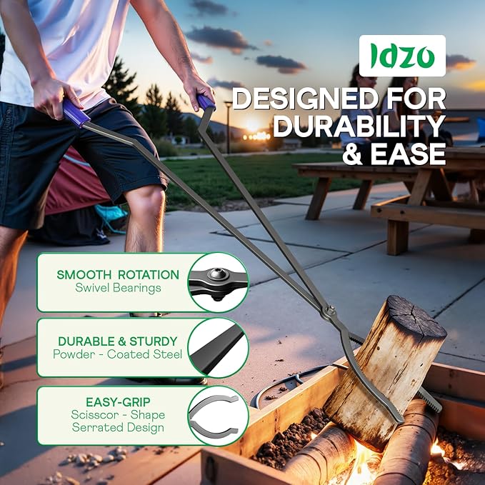 IDZO 40" Fireplace Tongs, Heavy Duty Steel Fire Tongs, Log Grabber, Firewood Tongs & Fire Pit Tools for Fire Pits, Campfires, Fire Rings, Backyard Deck, Suitable for Indoor & Outdoor Use