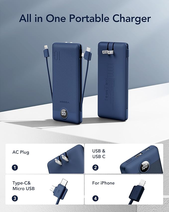 VEGER Portable Charger with Built-in AC Plug and Cables, All in One 10000mAh Ultra-Slim Power Bank, 15W Fast Charging for iPhone, Samsung, Android, Travel Essential (Navy)