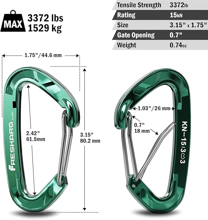 FresKaro 15kN-3372lbs Heavy Duty Wiregate Carabiners, Reliable Time-Tested Stainless Steel Spring Gate, for Camping, Hiking, Hammocks, Backpacking, Dog Leash etc., 3.15inch