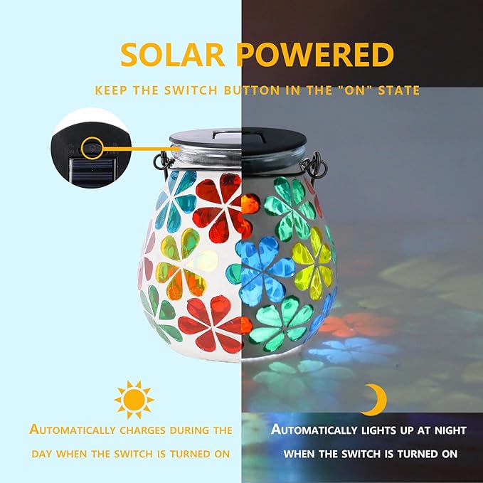 Afirst Mosaic Solar Lanterns Outdoor - Glass Hanging Solar Lights Hollow Out Waterproof Table Lamp Outdoor Decorative for Garden, Patio, Holiday Party Outdoor Decoration