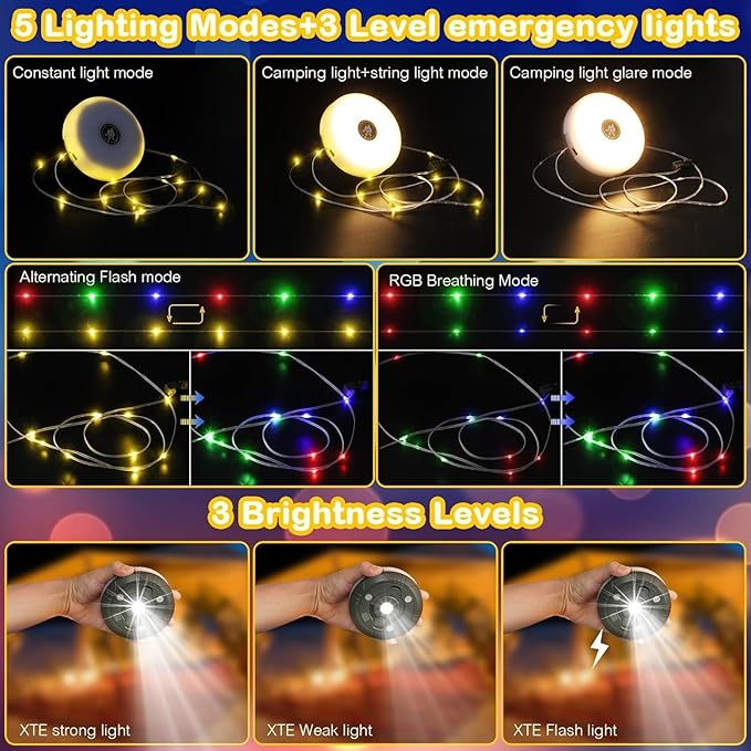 Camping String Lights, Rechargeable Tent Lights String with 8 Lighting Modes, Camping Essentials Gear 32.8FT Lamp Light, Rechargeable Waterproof LED Light for Tent Yard Garden Hiking Decor 2 Pack