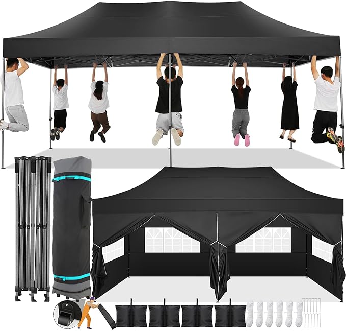 COBIZI 10x20 Pop Up Canopy with 6 Sidewall,Heavy Duty Canopy UPF 50+ All Season Wind Waterproof Commercial Outdoor Wedding Party Tents for Parties Gazebo with Roller Bag(10 x 20 ft Black)