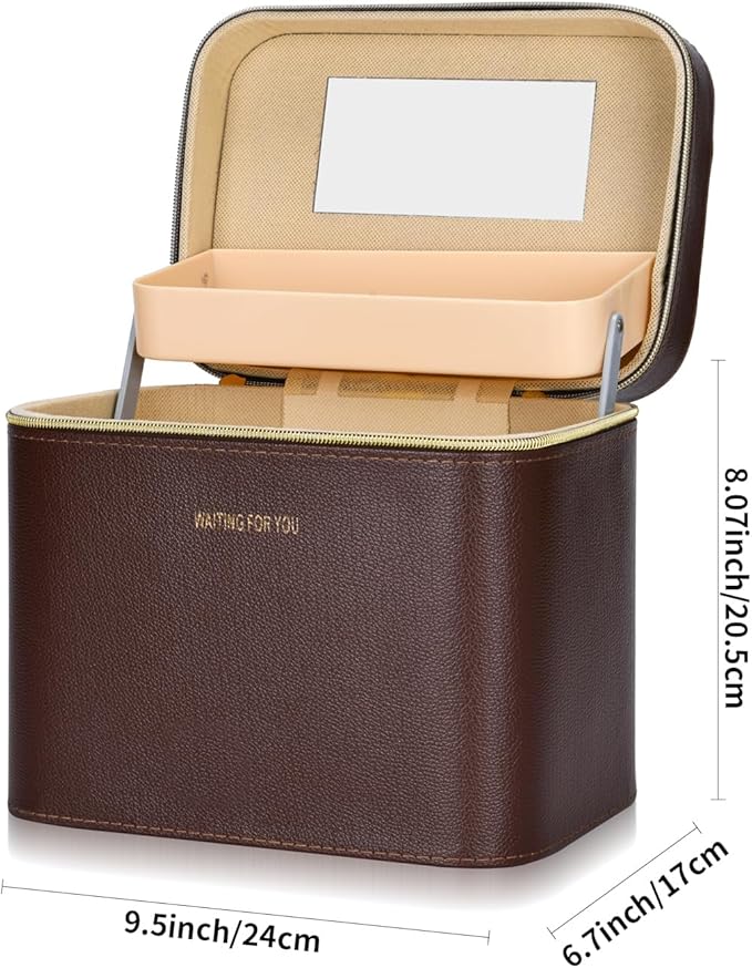 Fashion makeup box, Portable leather hard cosmetic case with mirror, Professional train case make up box for women adults. (Double- yellow)