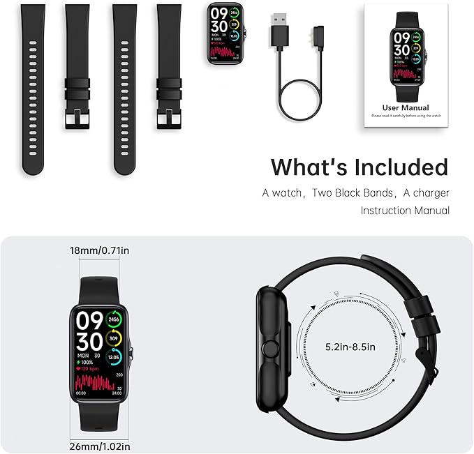 Fitness Tracker with 24/7 Continuous Heart Rate, Blood Oxygen Monitor, Smart Watch with Sleep Monitor, IP68 Waterproof Activity Tracker Step Counter for Women Men (Black)