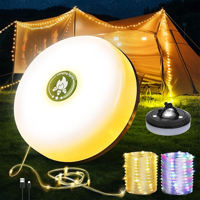 Camping String Lights | Rechargeable 4 in 1 Quick Storage 32.8FT Tent Lights with 8 Modes | Hanging Waterproof LED Lamp for Outdoor Patio Garden Party | Christmas Holiday Decor - Camping Gear