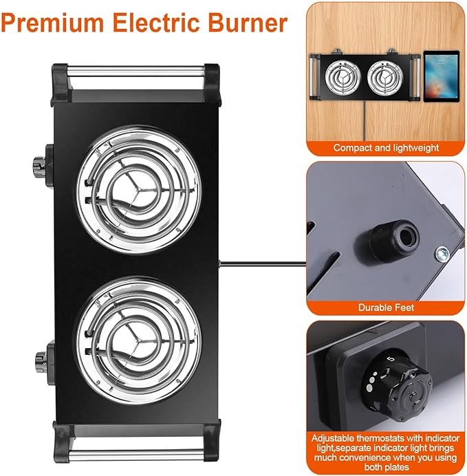 Hot Plate, 2000W Portable Electric Stove for Cooking with Stay Cool Handles & 5 Levels Adjustable Temperature, Countertop Double Coil Burner for Home RV Camp Compatible for All Cookwares,Black