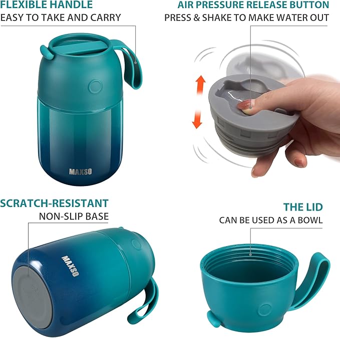 MAXSO Soup Thermo for Hot & Cold Food for Adults Kids, 17 oz Vacuum Insulated Steel Lunch Container Bento Box with Spoon, Leakproof Thermal Food Jar for School Office Travel - Blue Green
