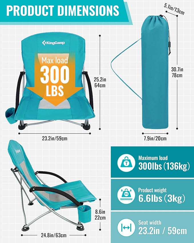 KingCamp Low Beach Chairs, Portable Folding Chair for Adults Extra Wide Ergonomic High Back Seat 300lbs Heavy Duty Lightweight Oversized Gear with Carry Bag for Outdoor Lawn Camping Picnic