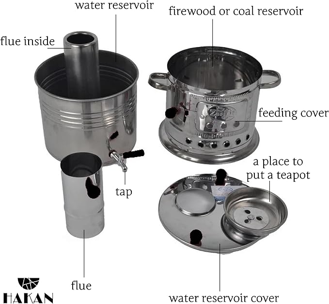 Portable Turkish Samovar Tea Kettle, Camping Water Boiler Tea Pot, Wood, Coals Fired Semaver Teapot, Water Heater for Camping, Picnic, Hunting, Outdoor Activities with Black Handles | 135.2 oz (4 lt)