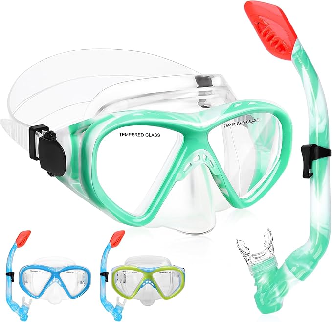 Kids Snorkel Set Dry Top Snorkeling Gear for Kids Youth Boys Girls Junior Age 5-15,Tempered Glass Swimming Diving Mask and Snorkel Set 180 Degree Panoramic View