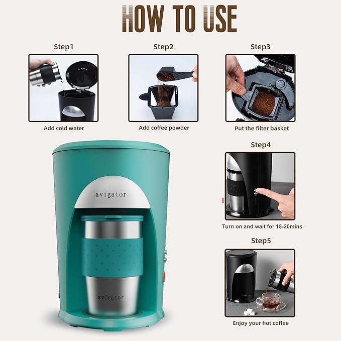 Portable Coffee Maker for Travel Camping Car, Ground Coffee Machine Single Serve with 10 oz Travel Mug for Traveling, RV, Office, Home and Dorm, 12V, Green