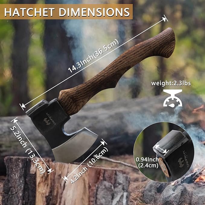 14.3" Hatchet, Camping Axe, Hand Forged Axe with Sheath, Bushcraft Axe with 1065 Carbon Steel and Beech Handle for Wood Splitting and Chopping – Perfect for Outdoor Survival and Adventures