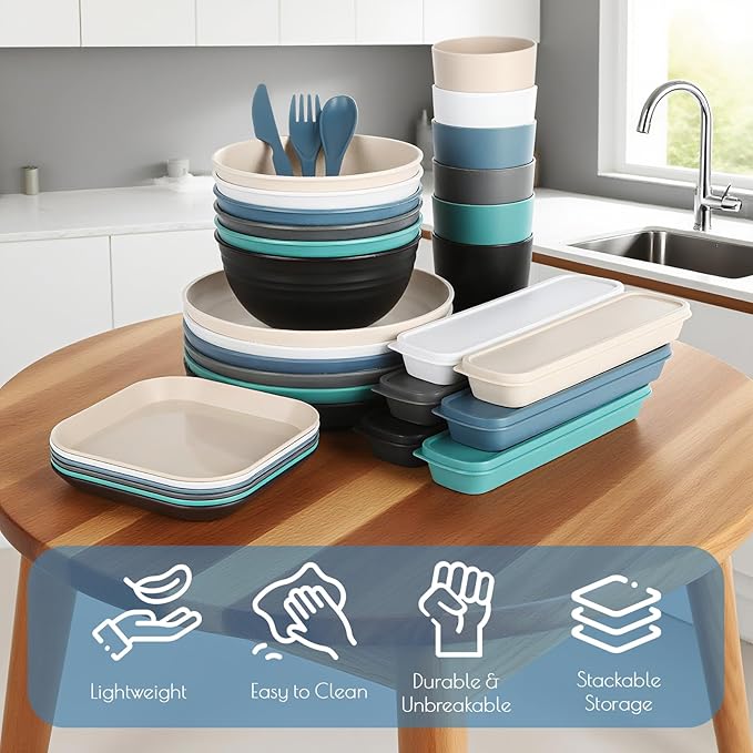 Wheat Straw Dinnerware Sets,48 Piece Unbreakable Dinnerware Sets,Reusable Wheat Straw Plates and Bowls Sets of 6 Person,Camping Mess Kit for Travel,Camping Essentials,Picnic,Home,Party