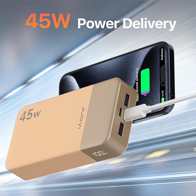 J2621 Power Bank Portable Charger,20000mAh 45W PD3.0 QC 4.0 Fast Charging Battery Pack with LED Display,2 USB-C,2 USB-A for iPhone 15 16, MacBook (Orange)