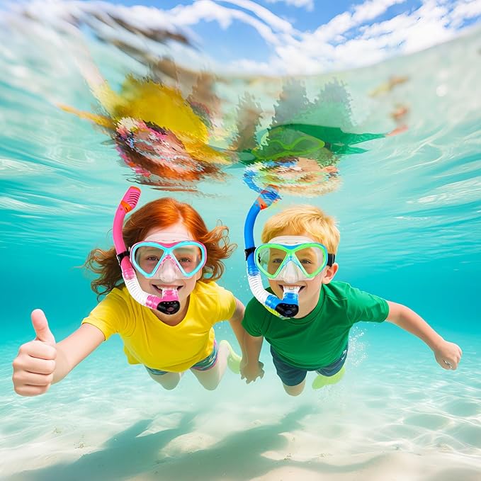 Kids Snorkel Set Dry Top Snorkeling Gear for Kids Boys Girls Youth Junior Age 5-15, Anti-Fog Anti-Leak Snorkel Mask Scuba Diving Mask Swimming Goggles with Nose Cover
