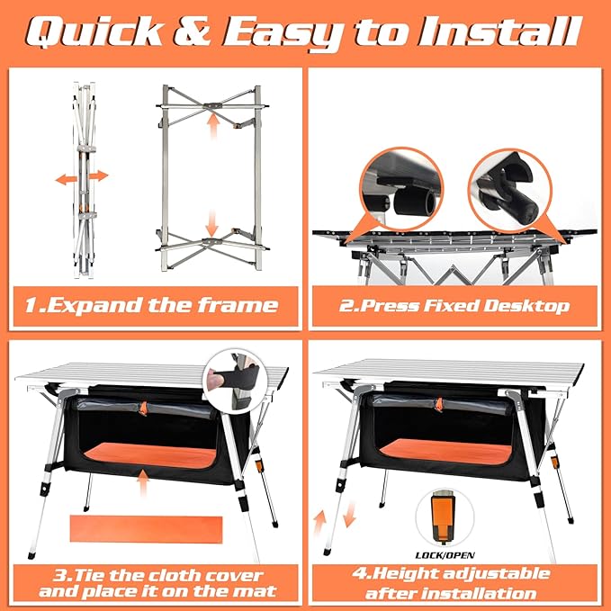 35IN Aluminum Camping Table with Large Storage Bag, Portable Roll-Up Folding Camp Table Adjustable Height Outdoor Kitchen for Camping Picnic Beach