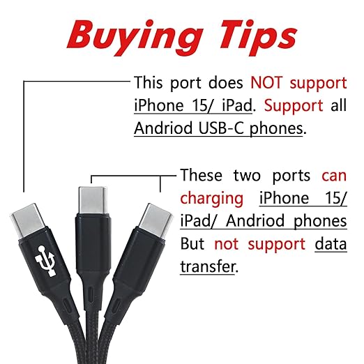 Multi USB C Cable 0.6FT 2Pack, 3 in 1 Multiple Type C Charging,3A Splitter USB-C Charging, Black Nylon Cord,USB C to 3 USB C Port, Compatible with iPhone 15,iPad Pro,Samsung S24,Google,Android,Kindle