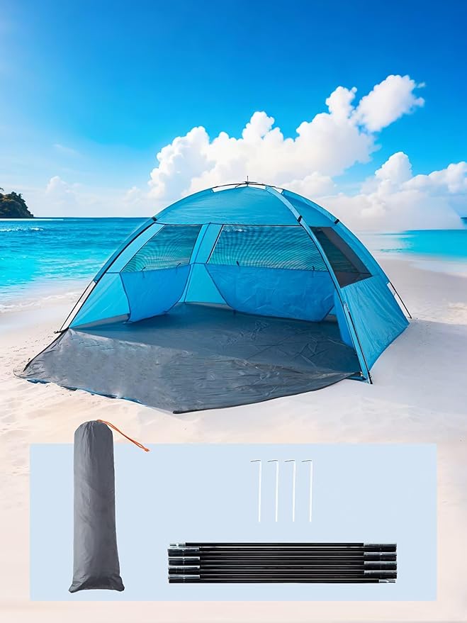 Easy Set-Up Beach Tent - UPF 50+ Sun Shelter for Family (2-3 Person), Portable Instant Sun Shade with 3 Mesh Windows, Windproof Stakes & Storage Pockets, for Beach, Camping, Picnics