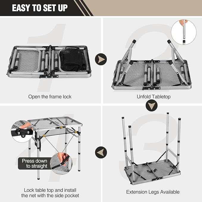 REDCAMP Small Folding Grill Table for Outside, 2Ft Lightweight 4 Height Adjustable Portable Metal Table with Mesh Desktop, Outdoor Table for Camping Picnic Beach and BBQ, Silver