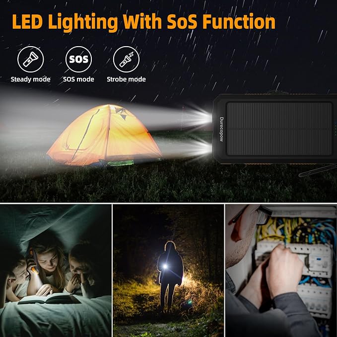 Solar Charger Power Bank 20,000mAh, Portable Charger, 4 Cables 3 Ports Fast Charging External Battery Pack with USB C for Cell Phones, Solar Panel Charger with Dual Flashlight for Camping