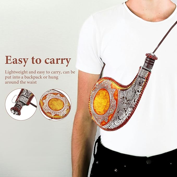 Amosfun Retro Wine Bota Vintage Leather Canteen Hip Flask Pouch Container Mongolia Water Bag with Strap for Travel, Camping, Hiking, 12.20 X 8.07 X 0.98 Inches