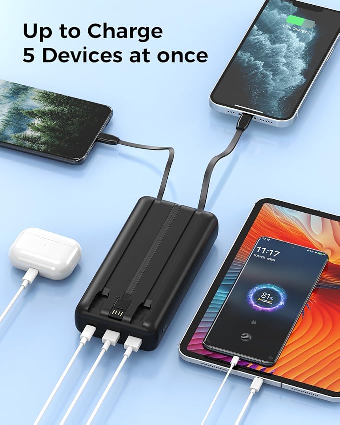 Portable Charger Power Bank 50000mAh Portable Phone Charger, PD 22.5W Fast Charging Powerbank Built in Cable, 5 Output 3 Input USB C LED Display for iPhone 16 15 14 13 Samsung Android iPad