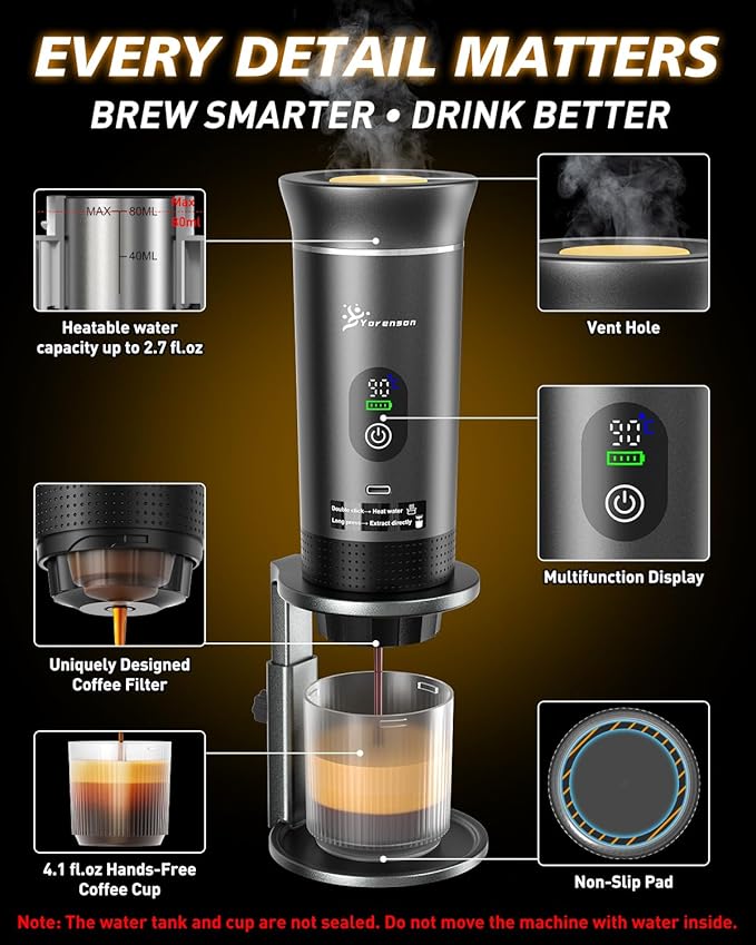 Portable Coffee Maker for Travel,Self-Heating Espresso Machine with USB-C,LED Display,20 Bar,Compatible with Coffee Grounds&Capsules (Ns&DG)–Portable Espresso Maker for Car,RV,Camping,Office