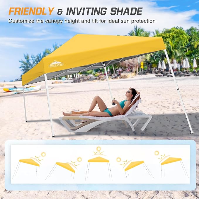 EAGLE PEAK 10x10 Slant Leg Pop-up Canopy Tent Easy One Person Setup Instant Outdoor Beach Canopy Folding Portable Sports Shelter 10x10 Base 8x8 Top (Yellow)