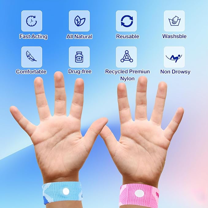 Motion Sickness Bands for Kids, Travel Sickness Relief Wristbands, Anti-Nausea Bands for Morning Car Sea Sickness(Blue/Red)