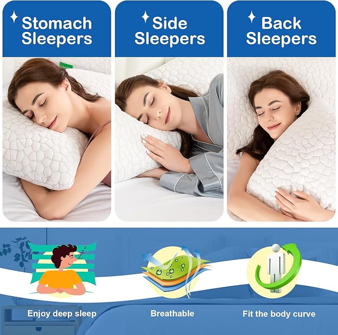 Side Sleeper Pillow for Neck and Shoulder Pain Relief, Cervical Neck Support Pillow for Side Sleepers, Cooling Shredded Memory Foam Pillows for Hot Back Sleepers, Adjustable Curved Queen Bed Pillows