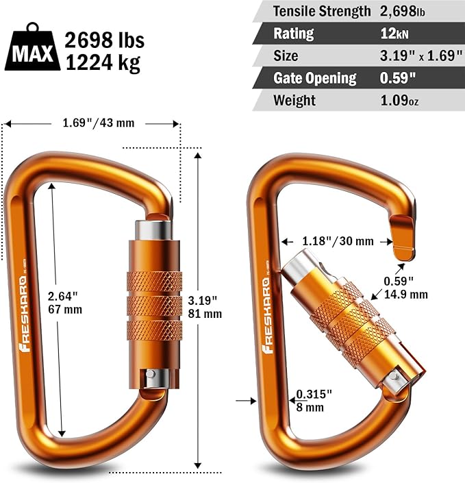 FresKaro 3inch 12kN-2698lbs Auto Locking Carabiner Clips, Solid D Shape, Heavy Duty 7075 Aluminum, Lightweight 1.09oz, Rust Proof, for Hammock, Hiking, Dog Leash, Keychain etc., Multi-Colors
