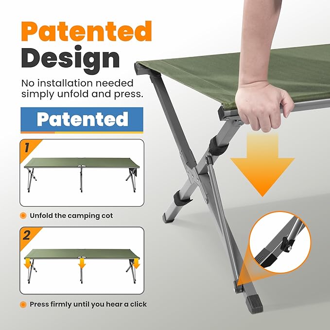 Oversized Camping Cot Foldable for Adults - Upgraded Version Easy-to-Assemble Sleeping Cots for Outdoor, Supports Campers up to 6.9ft or 450lbs, with Storager Bag, 82” L x 32” W (Green)