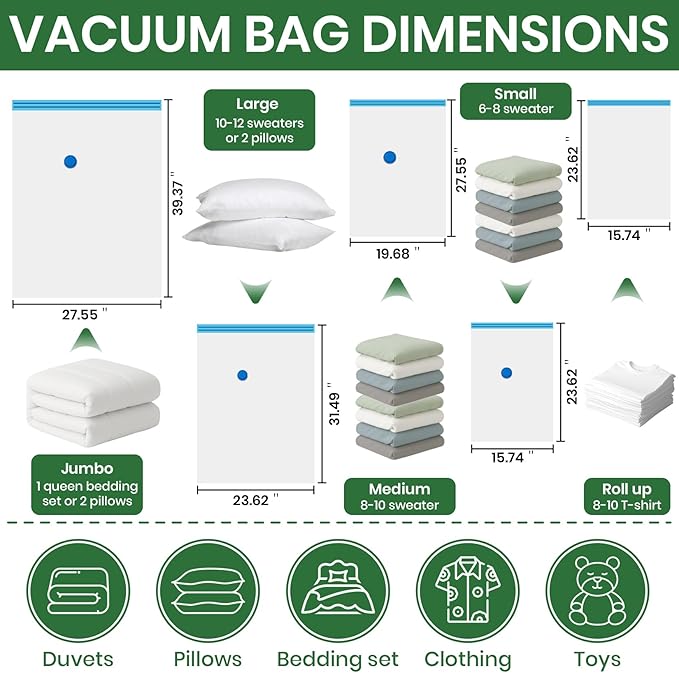 Vacuum Storage Bags,20Pack Vacuum Seal Bags for Clothing,Travel,Clothes,Comforters,Blankets,Pillows-4 Jumbo+4 Large+4 Medium+4 Small+4 Roll Up Space Saving Bag Hand Pump Inclued