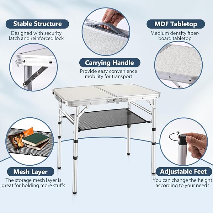 Folding Picnic Table, Small Camping Table with Adjustable Heights, Portable Lightweight Aluminum Side Table for Office, Beach, Garden, Travel