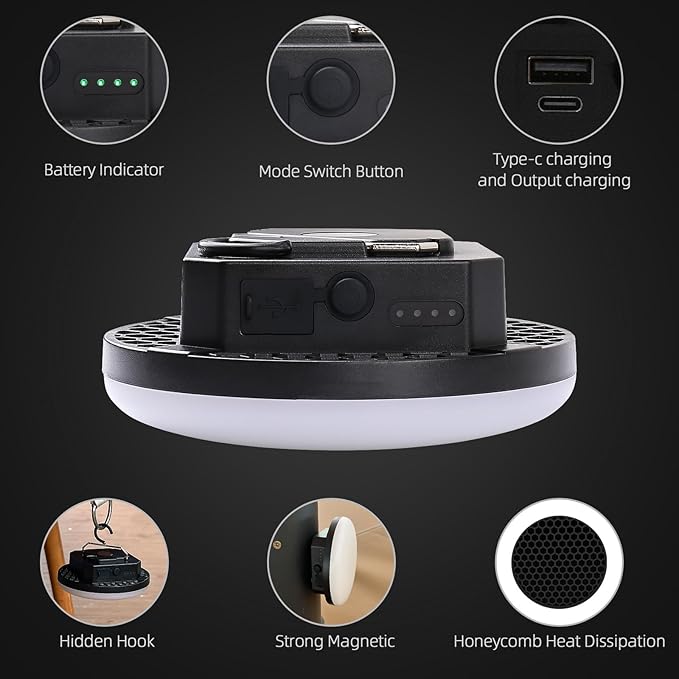 Tent Light Hanging for Camping,Bright LED Rechargeable Portable Lantern for Vendor Booths,Waterproof Outdoor Lights with Battery Power, Camp Lamp Light with Magnet for Outdoor Glamping(Black)