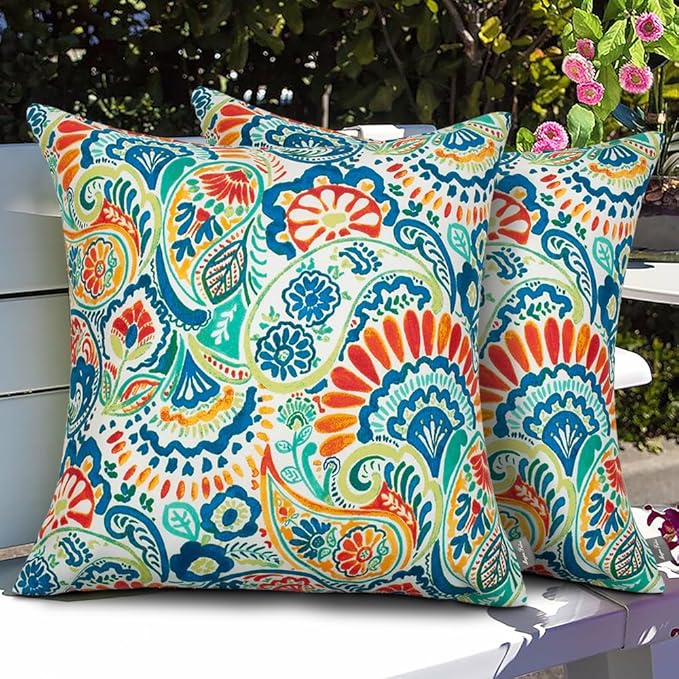 Magpie Fabrics Patio Pillow Covers ONLY 18"x18", Set of 2, Fade-Resistant Outdoor Indoor Cushion Cases Decorative Throw Pillowcase Shell for Couch Garden Furniture -Paisley Multi