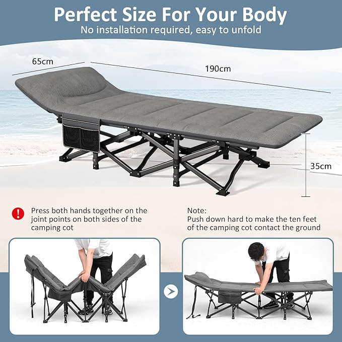 Camping Cot, Folding Cot Bed for Adults with Built-in Mattress and Pillow, Portable Outdoor Sleeping Cot for Camping and Travel, with Carry Bag, Grey, Max Load 450 LBS