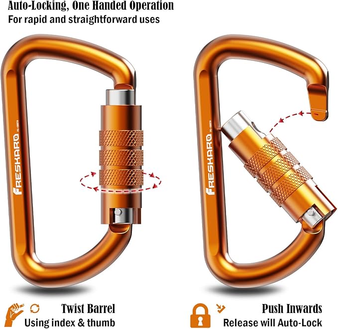 FresKaro 3inch 12kN-2698lbs Auto Locking Carabiner Clips, Solid D Shape, Heavy Duty 7075 Aluminum, Lightweight 1.09oz, Rust Proof, for Hammock, Hiking, Dog Leash, Keychain etc., Multi-Colors
