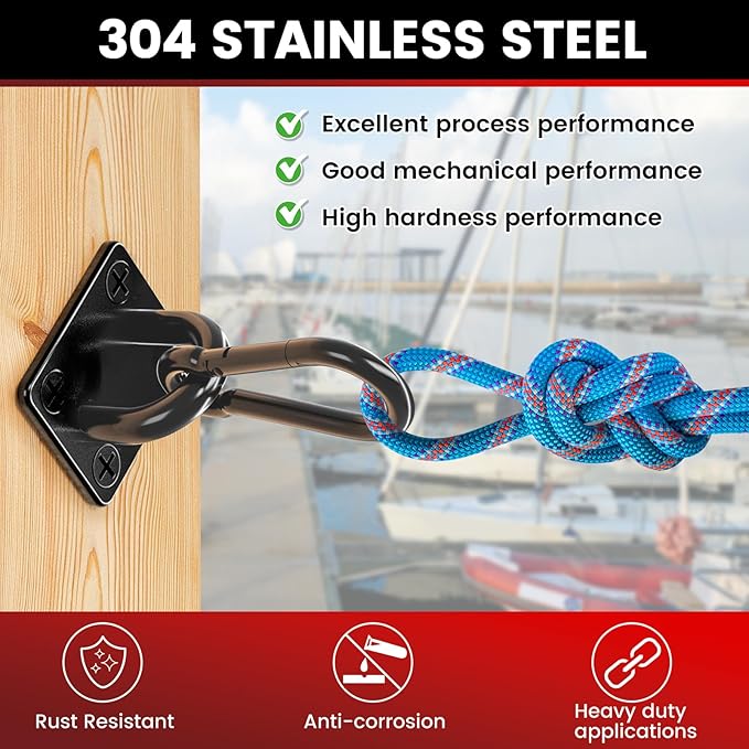 sprookber 304 Stainless Steel Pad Eye Snap Hooks, M5 Heavy Duty Ceiling Hooks, 500 lb Capacity Hammock Swing Hanging kit, Plant Hangers, Marine Hardware Staple Hook Loop with Screws, Set of 8(Black)