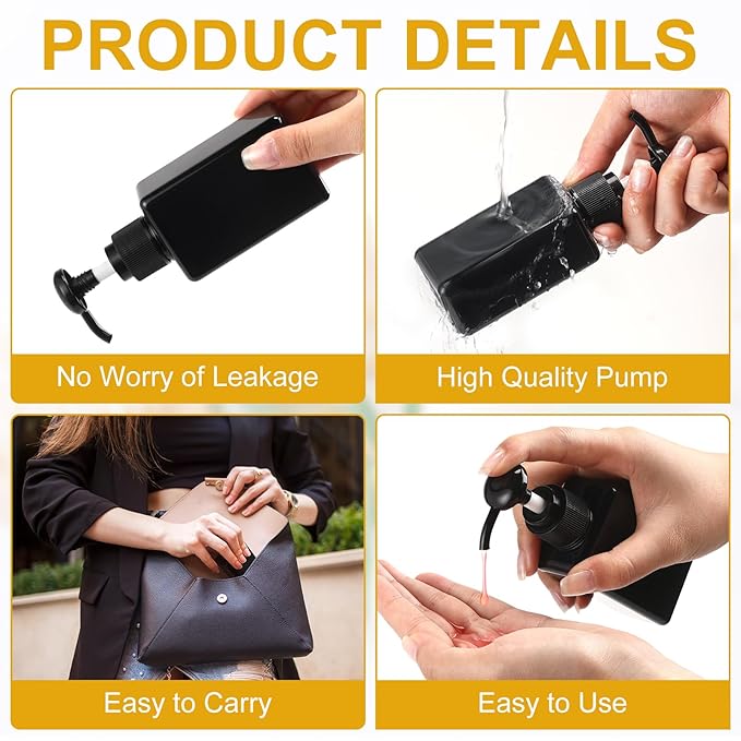 Domensi 12 Pcs 100ml /3.4 oz Pump Bottle Mini Travel Bottles Small Dispenser Containers Plastic Pump Lotion Dispenser Empty Square Travel Size Containers Toiletries (Whole Black)
