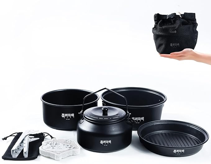 Himalaya 4 Pcs Portable Camping Cookware Mess Kit with Lightweight Pots Pans Kettle Carry Mesh Bag Cleaning Sponge for Kitchen Stove Outdoor Backpacking Hiking Family Picnic Outdoor