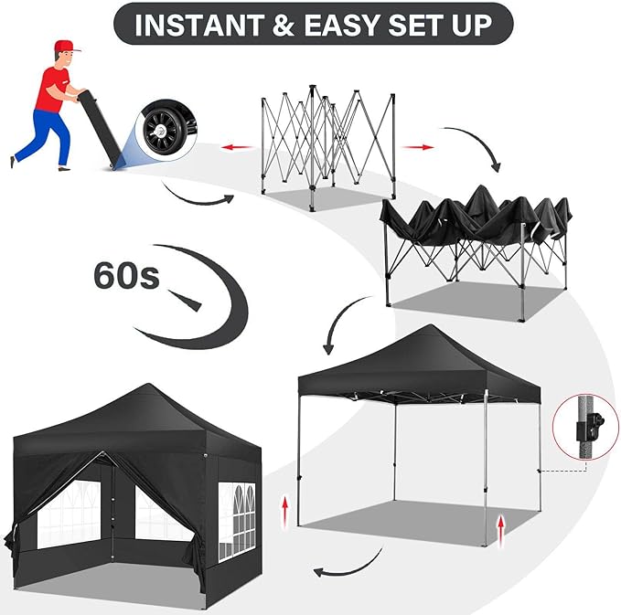 COBIZI 10x10 Pop Up Canopy with 4 Sidewall,Heavy Duty Canopy UPF 50+ All Season Wind Waterproof Commercial Outdoor Wedding Party Tents for Parties Canopy Gazebo with Roller Bag (10 x 10 ft Black)