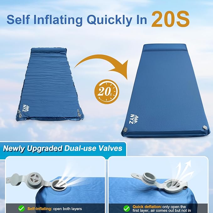 NYZ Self Inflating Sleeping Pad for Camping 3.1" Ultra-Thick Memory Foam Camping Mattress 20s Quick Inflation Camp Mat with Pillow Waterproof 4-Season for Camping Travel Tent Car