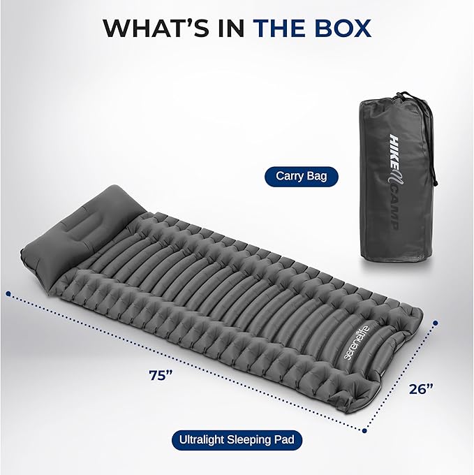 SereneLife Lightweight & Compact Camping Gear – Sleeping Pads & Bags with Built-in Pillows for Outdoor Comfort, Waterproof & Tear-Resistant Design, Perfect for Hiking, Backpacking, Couples & Solo Use