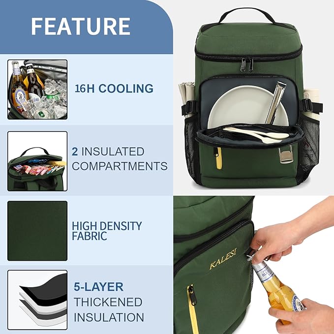 Kalesi Cooler Backpack 36 Cans Lightweight Insulated Backpack Cooler Leak-Proof Travel Camping Lunch Backpack Outdoor Cutlery Backpack for Men and Women